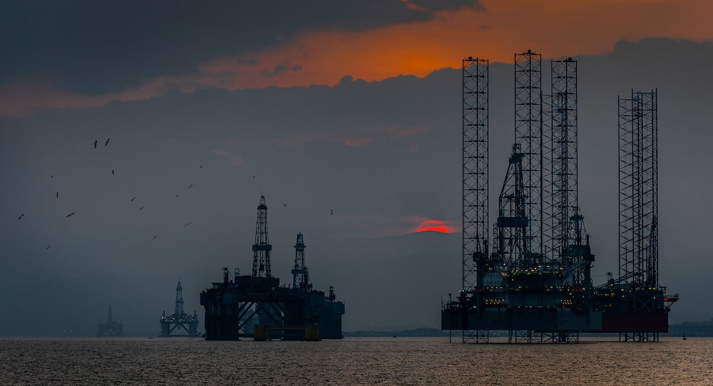 An oil rig at dusk