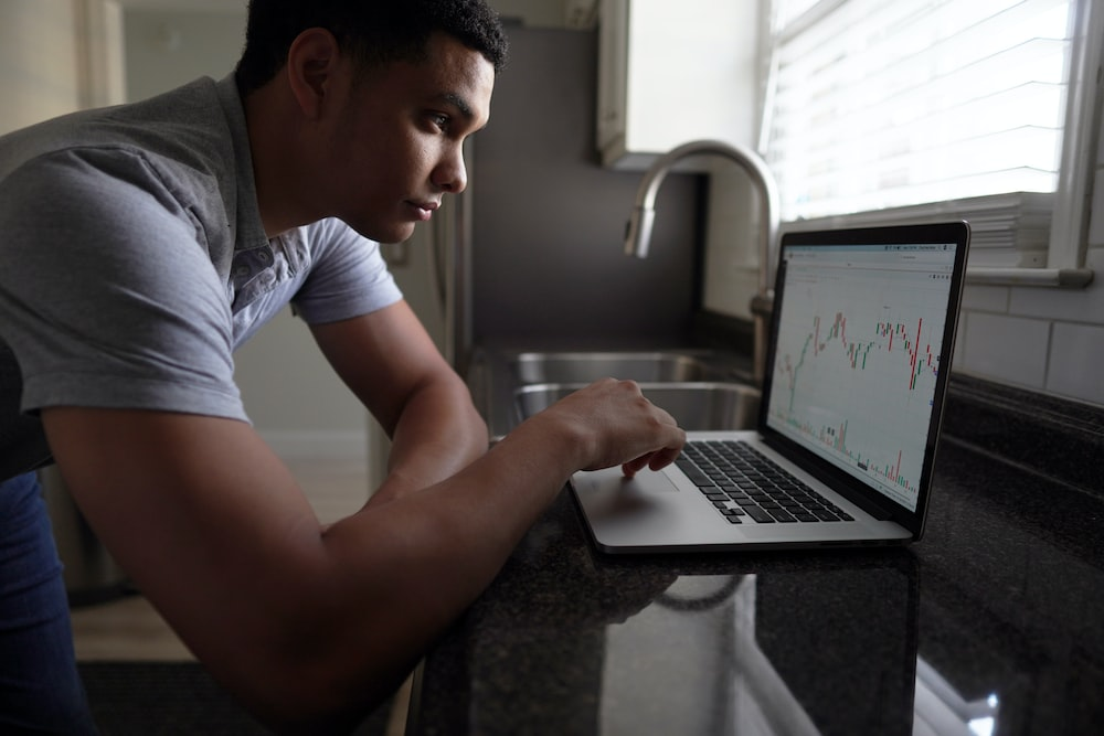 A person tracking a company’s shares on a laptop