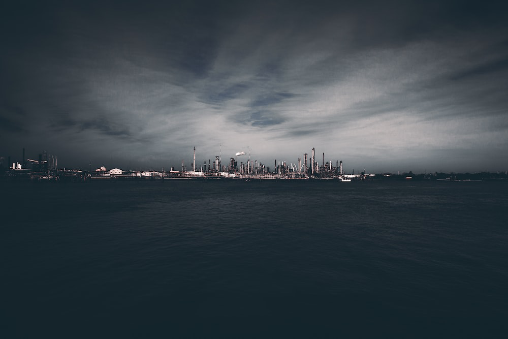 A massive oil rig during nighttime