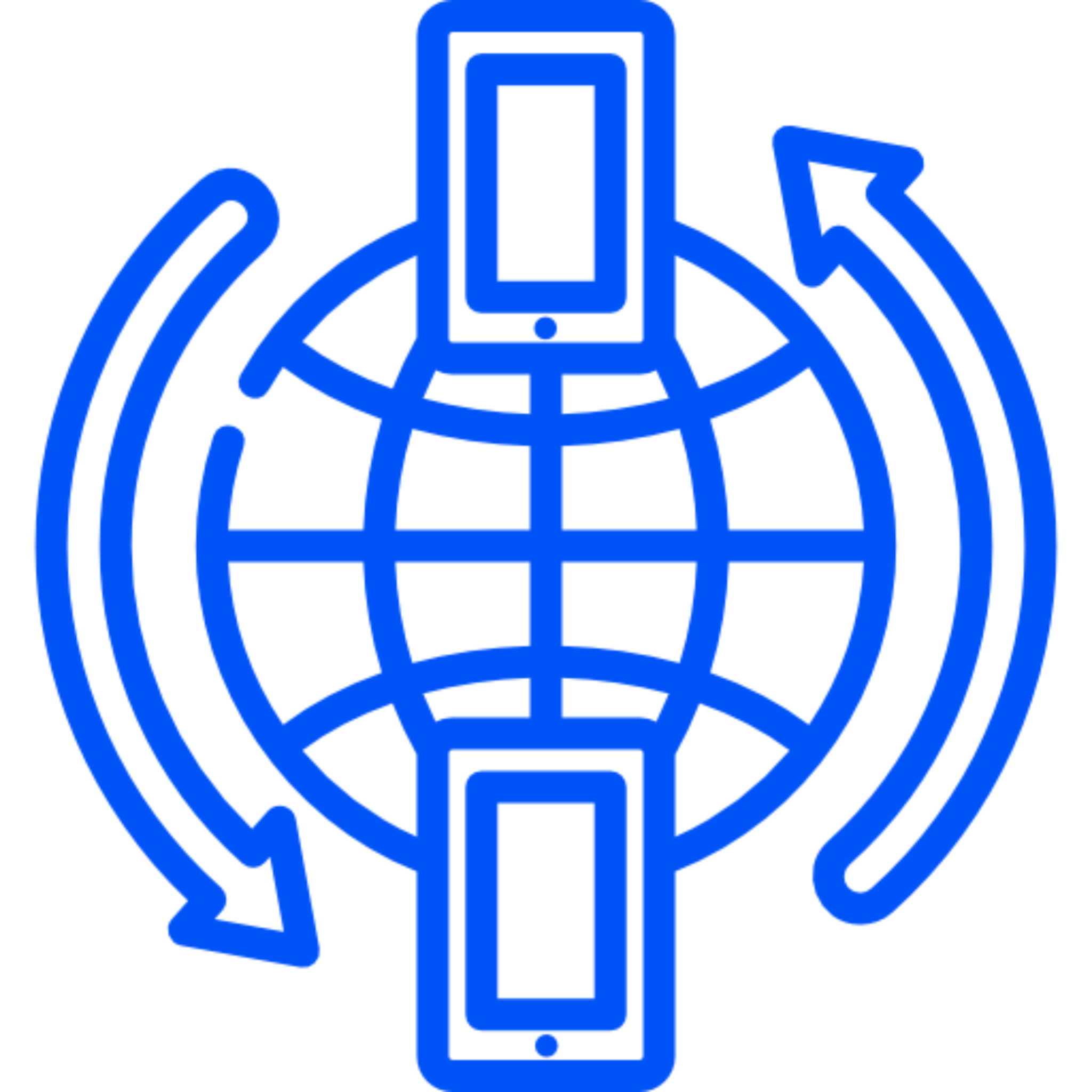 Blue globe with arrows and devices icon.