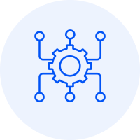 Blue gear network icon on black background.