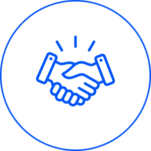 Handshake icon in blue circular outline.