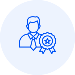 Person icon with award ribbon, blue outline.
