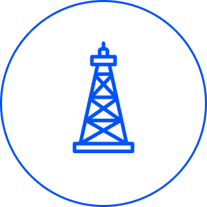 Blue oil rig icon on black background.