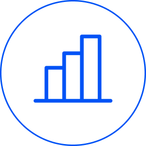 Blue bar chart icon on black background.
