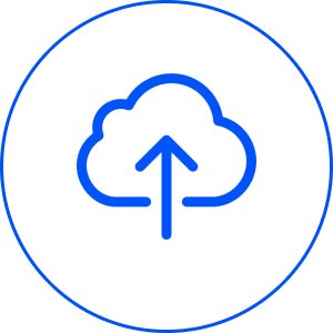 Cloud upload icon with blue outline.